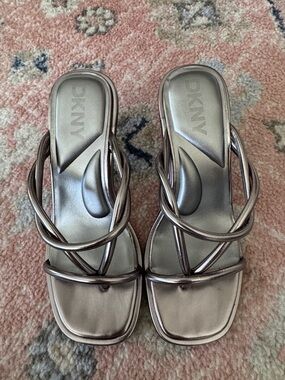 DKNY Silver Twisted Strap Square Toe Slide Mules